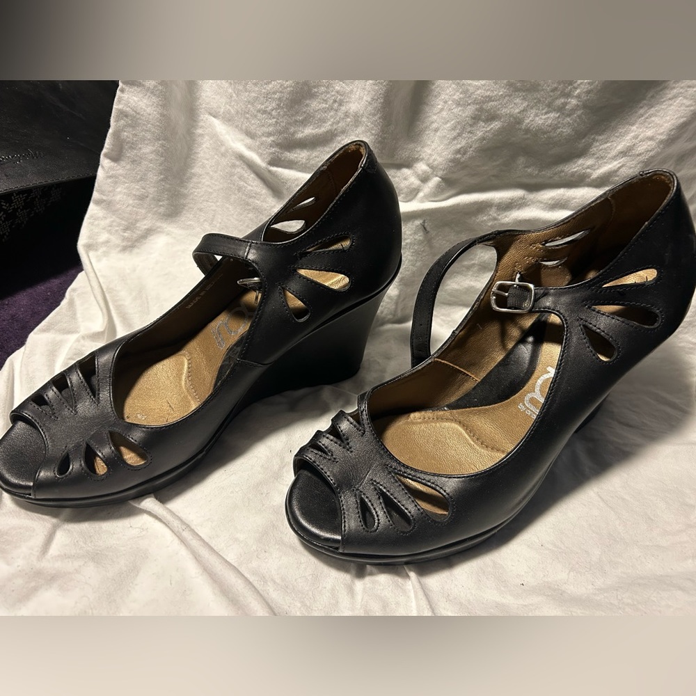 You by Crocs, all leather ankle strap wedges, gently worn, size 7